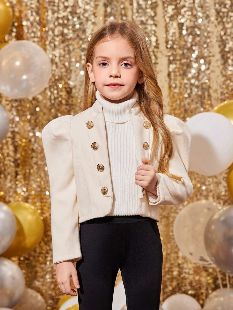 SHEIN Young Girl Solid Color Fitted Short Jacket With Puff Sleeves - White - View 1