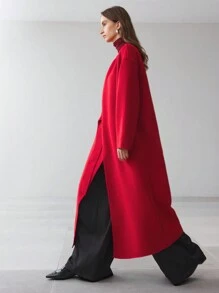 Ontre Women's 2025 Spring New Arrivals Long Round Neck Double-Sided Overcoat, Women Woolen Coat, Double-Faced Fabric Red 50cm Long Fashionable Overcoat, Round Collar Long Sleeve With Real Pockets, Casual Outfit