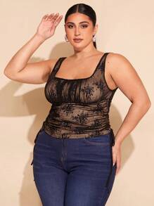 SHEIN BAE Plus Size Wide Strap Tank Top, Bow Decor, Suitable For Women Ladies' Valentine's Day, Summer Holiday Party, Elegant Birthday, Lace, Sexy, Draw String, Ruched Tank Top, Valentine's Day, Carnival, Easter, Beach, Vacation, Back To School Season, Spring/Summer - Black - View 5