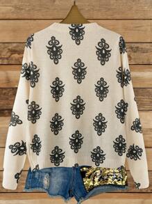 EMERY ROSE 女士花卉 V 领长袖休闲套头衫，秋冬 - 杏色 - 查看 2