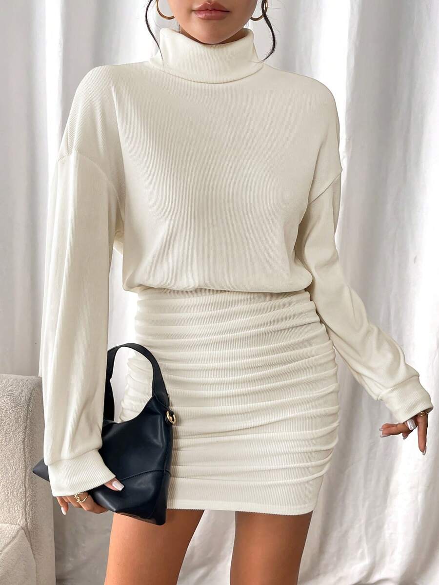 SHEIN Frenchy Women Solid Color Turtleneck Ruffle Elegant Long Sleeve Mini Dress Winter Casual - Apricot - View 1