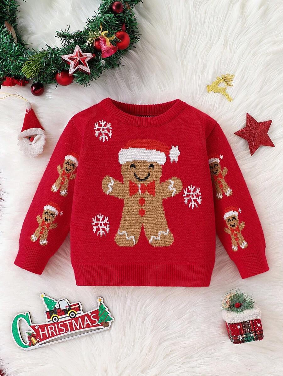 SHEIN Gingerbread Man & Snowflake Pattern Sweater, Suitable For Christmas, Valentine's Day, Family And Couple Parties,In Fall/Winter - Red - View 1
