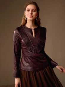 MOTF PREMIUM KEYHOLE NECK PLEATED PANEL TOP WITHOUT BELT - Burgundy - View 5