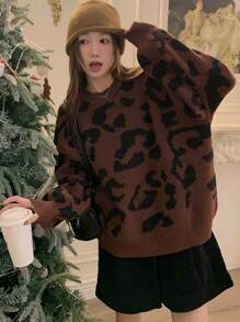 DAZY Áo len chui đầu cổ tròn in họa tiết da báo dáng rộng cho nữ - Nhiều màu - Xem 7