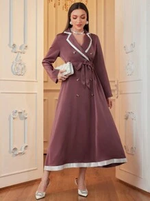 Seusyu 女士拼色拼接前扣休闲长袖直筒朴素连衣裙 - 藕粉色 - 查看 6