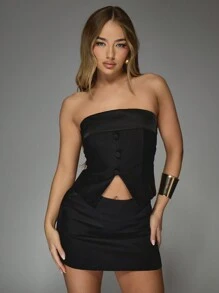 MISSGUIDED Top bandeau plegado de satén con botones a medida - Negro - Ver 1