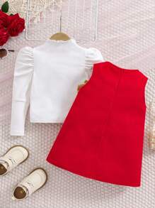 SHEIN 2 件套女婴套装：红色蝴蝶结无袖连衣裙和长袖白衬衫，适合圣诞节、派对和其他场合，秋冬季 - 白色 - 查看 2