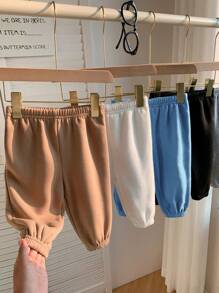 SHEIN Leap Crew 5 件装婴儿男童/女童休闲运动服，百搭纯色，如卡其色、白色、黑色、蓝色和灰色，宽松裤子，适合秋冬季居家、户外和玩耍