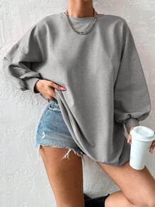 EURMUSE 100%Cotton Solid Drop Shoulder Sweatshirt Dress - Light Grey - View 5