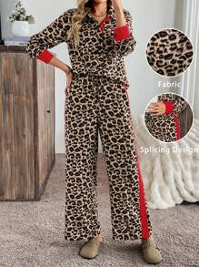 Chiquease 2 Stücke Damen Leoparden-Muster Patchwork rote Hosen, Lässig Pendelanzug, Herbst für Neujahrskleidung