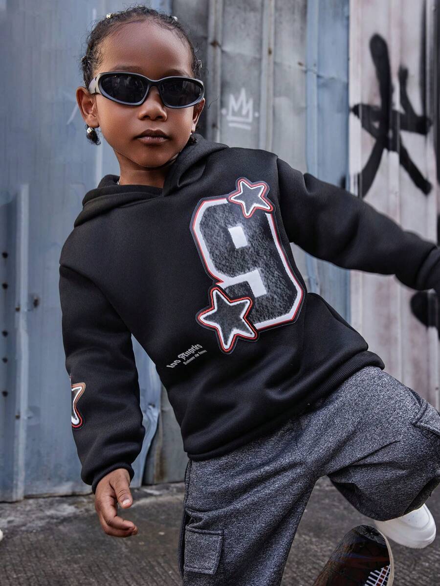 Matching Family Outfit - Young Boys Casual Sports Street Number Star Planet Hooded Black Sweatshirt, Suitable For Street-Style, Father-Son, And Siblings - Black - View 1