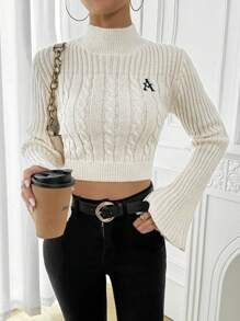 Chiquease Suéter de punto de cable con cuello alto, mangas acampanadas y bordado de letras para uso casual diario de mujer