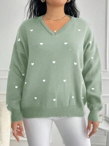 EURMUSE Jersey de punto con cuello en V y estampado de corazón para mujer, tallas grandes, informal y elegante para uso diario en invierno