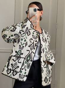 SHEIN Frenchy 女式休闲满版印花拼布口袋夹棉大衣，秋冬款 - 彩色 - 查看 1