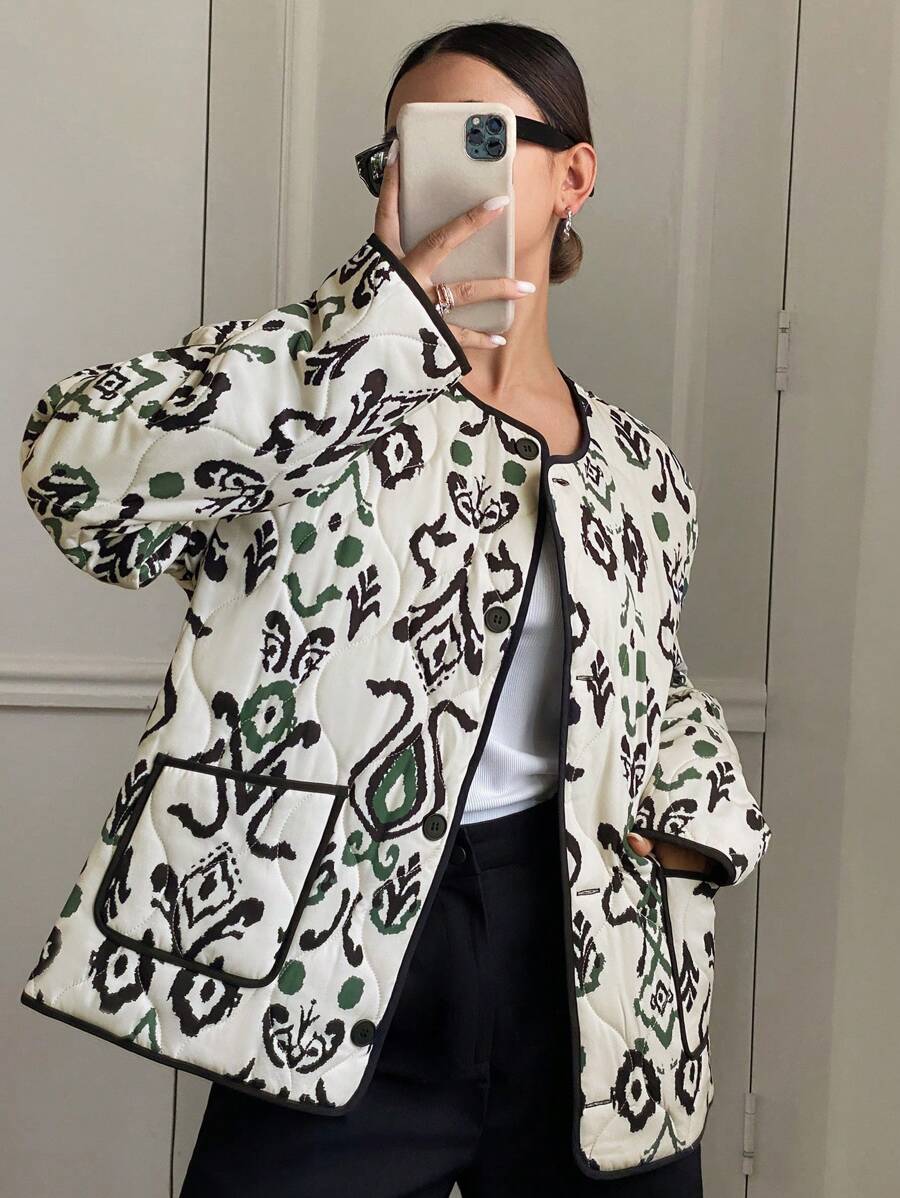 SHEIN Frenchy 女式休闲满版印花拼布口袋夹棉大衣，秋冬款 - 彩色 - 查看 1