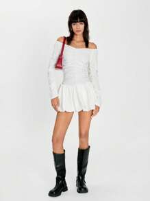 SHEIN EZwear 女士优雅纯色露肩荷叶边下摆修身连衣裙，春夏 - 白色 - 查看 3