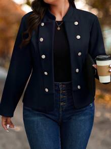 Calvaya Plus Size Casual Solid Color Double Breasted Jacket, Autumn/Winter