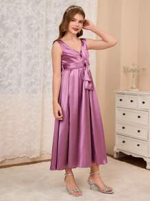 SHEIN Girls Elegant Purple Sleeveless V-Neck Front Bow Decor Mid-Length Party Dress, Suitable For Christmas, Halloween, Thanksgiving, Party, Wedding, Flower Girl - Purple - View 4