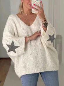 INAWLY 新款复古星形图案宽松针织女式手臂毛衣，休闲时尚