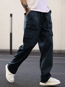 Claim Dot Loose Fit Men Solid Color Slant Pocket Cargo Pants - Navy Blue - View 3