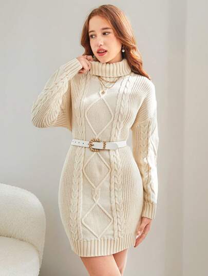 SHEIN Teen Girl Turtleneck Oversized Loose Knit Dress, Casual Elegant Sweater Dress For Teens, Suitable For, Party, New Year, Valentine's Day, Indoor & Outdoor, Light Khaki, Long Sleeve, Thick,In Fall/Winter