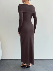 SHEIN Tall Effen kleur off-shoulder getailleerde elegante lange mouw trui jurk - Chocolade bruin - Bekijken 2