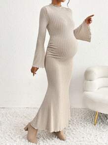 SHEIN Maternity Solid Color Round Neck Trumpet Sleeve Rib Knit Long Elegant Dress