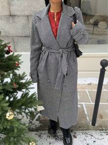 SHEIN EZwear Houndstooth Print Belted Loose Long Coat - Black and White - View 3
