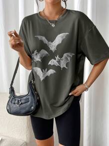 INAWLY Vrouwen Vleermuis Print Ronde Hals Casual Korte Mouw T-shirt Grafische Tees Vrouwen Tops