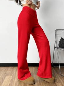 SHEIN EZwear 女式高腰喇叭裤针织裤 - 紅色 - 查看 4