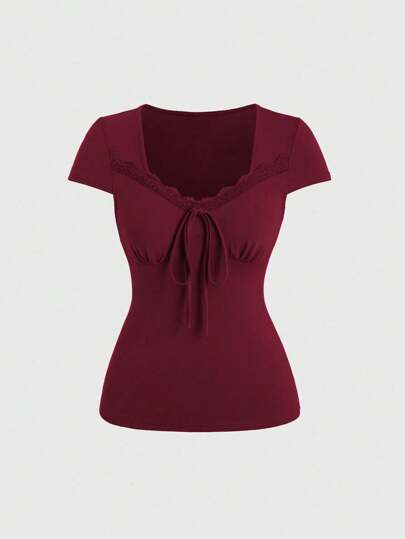 Sweetra Lace Patchwork T-Shirt Burgundy>Topdark Red Topburgundy Topsburgundy Topwine Red Top