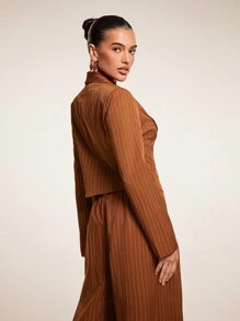 Glamine Winter Clothes For Women 2pcs Set: Shawl Neck V-Neck Long Sleevs Striped Short Blazer Jacket &Wide Leg Low Waist Pleated Striped Skinny Suit Pants Casual New Year Outfit Women Two Pieces Sets - Brown - View 5