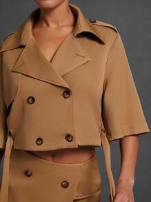 Hauture Women's Solid Color Double Breasted Belted Casual Lightweight Jacket - Khaki - View 3