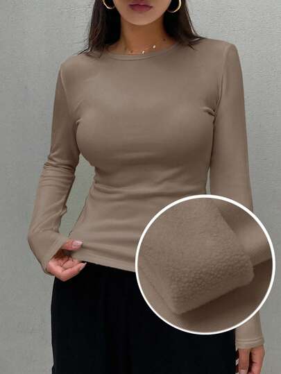 DAZY Women Casual Solid Color Fleece T-Shirt, Autumn/Winter Preppy Tops Long Sleeve Women Tops,Thermal Lined