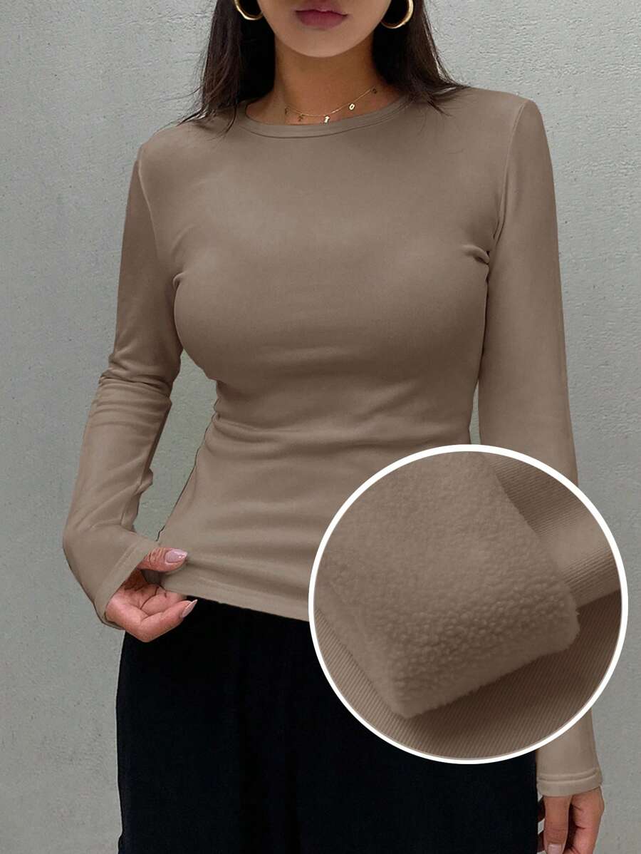 DAZY Áo thun nỉ trơn màu đơn giản cho nữ, áo thun nữ dài tay thời trang thu đông, lót nhiệt - Lạc đà - Xem 1