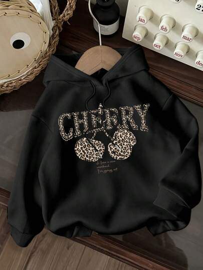 SHEIN EZwear Casual Leopard & Cherry Pattern Hoodie Loose Long Sleeve Sweatshirt For Women