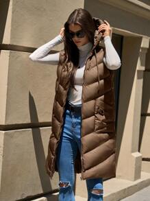 EURMUSE Sleeveless Hooded Pockets Zip-Up Long Winter Coat - Brown - View 7