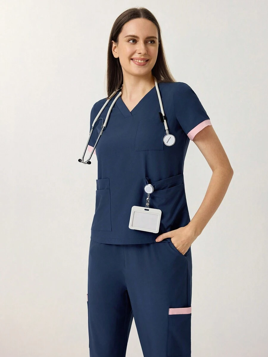 TaskEZ Contrast Color Short Sleeve Top And Pants Uniform Scrub Set, Nurse - Navy Blue - View 1