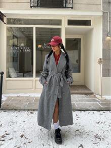 SHEIN EZwear Houndstooth Print Belted Loose Long Coat - Black and White - View 1