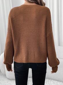 SHEIN LUNE Plus Size Lantern Sleeve Round Neck Single Pocket Pullover Sweater