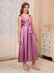 SHEIN Girls Elegant Purple Sleeveless V-Neck Front Bow Decor Mid-Length Party Dress, Suitable For Christmas, Halloween, Thanksgiving, Party, Wedding, Flower Girl - Purple - View 5