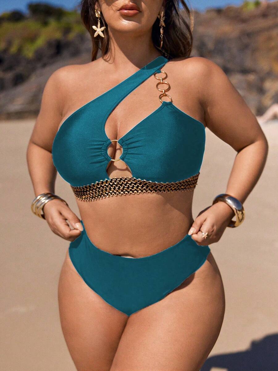Swim Vcay Plus Size Summer Beach Asymmetric Neckline Hollow Metallic Ring Bikini Top