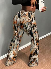 Slaydiva Plus Size Women's Casual Minimalist Floral Print Flare Pants, Elegant Flared Trousers For Spring & Autumn