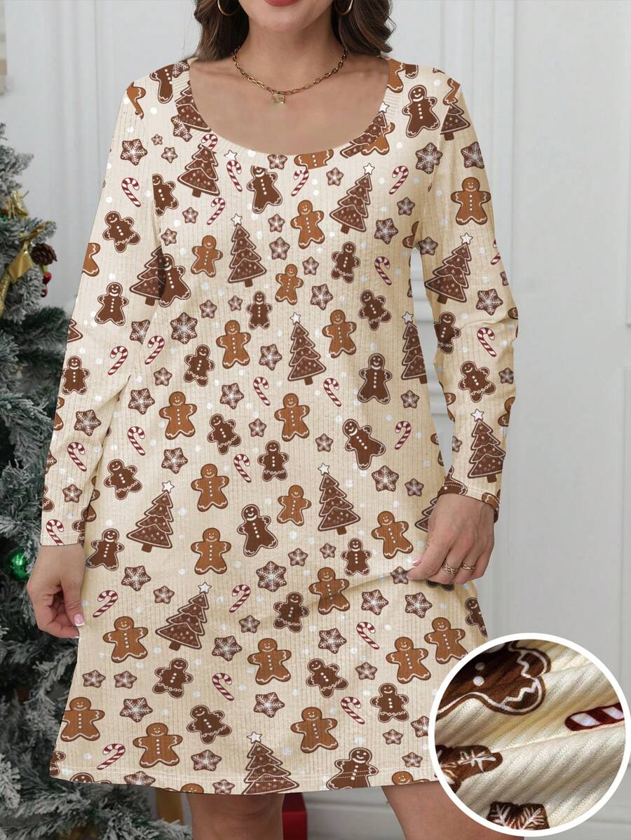 SHEIN LUNE Váy dài tay họa tiết người đàn ông bánh gừng hình bông tuyết cỡ lớn thời trang và thoải mái - Nhiều màu - Xem 1