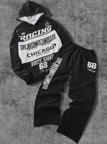 2pcs/Set Teenagers Boys Raceway Style Letter Print Casual Patchwork Hooded Sweatshirt And Sweatpants Suit - Black - View 1
