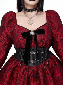 Flirla Vestido de jacquard con escote cuadrado, volantes, parches, cintura ceñida, manga larga, corte evasé y bajo asimétrico para mujer tallas grandes de estilo punk gótico, lindo y genial para ropa de Año Nuevo para mujeres góticas