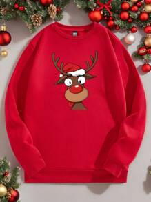 Manfinity Homme Cute Deer Expression Graphic Retro Red Crewneck Pullover Sweatshirt - Red - View 1