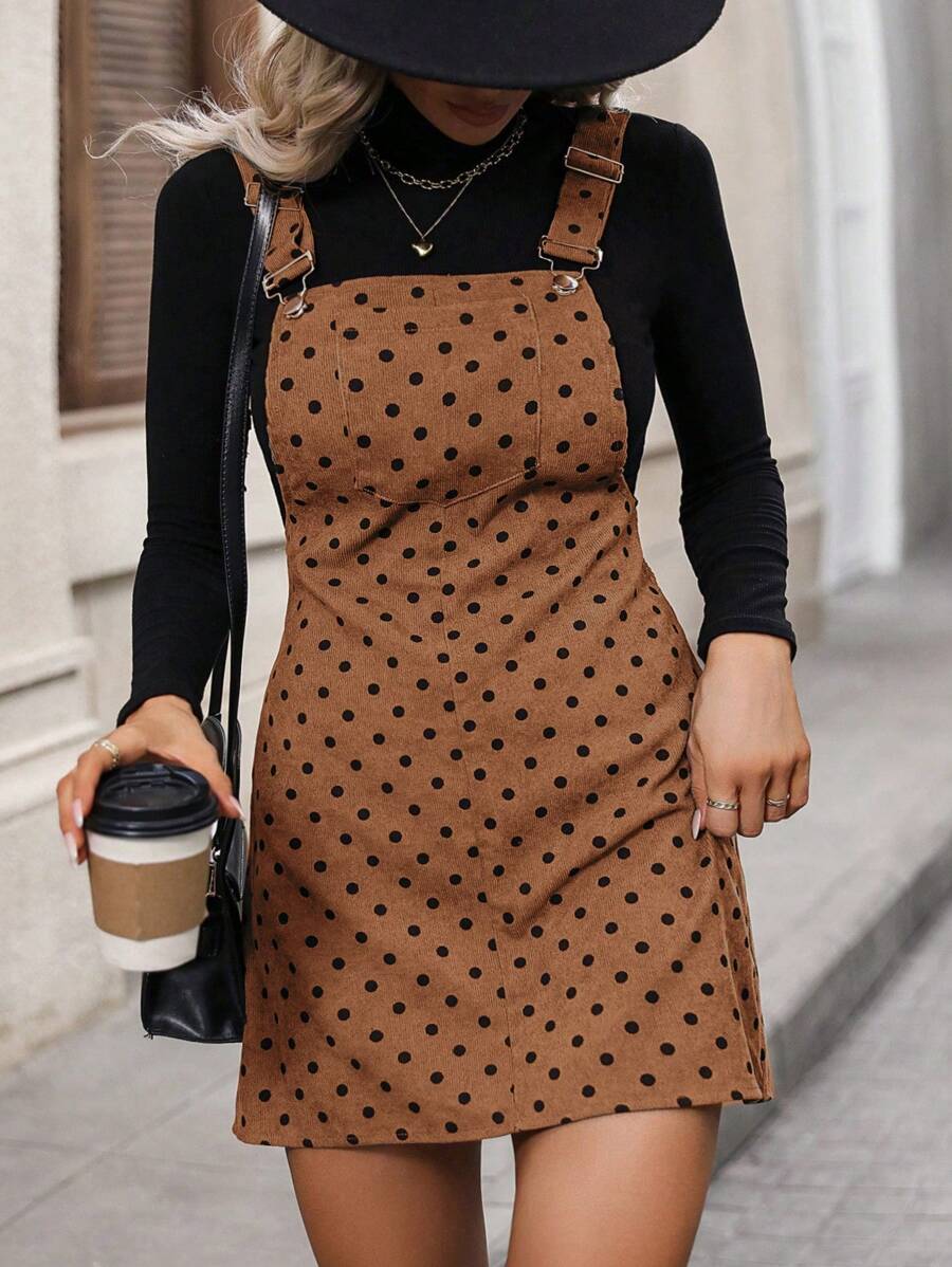 Calvaya Plus Size Women Polka Dot Pattern Pocket Casual Suspender Mini Dress