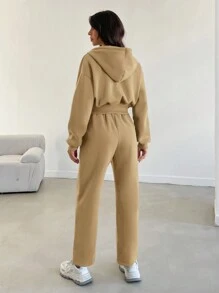 RueChic 女士純色帶鬆緊帶連帽開襟運動上衣和運動長褲套裝 - 杏色 - 查看 2