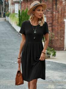 EMERY ROSE Women's Round-Neck Short-Sleeve  Green Mid-Length Dress For The Summer - Black - View 7